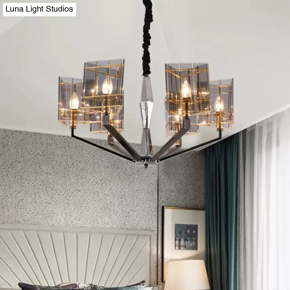 Postmodern Smoke Grey Glass Silver Chandelier With Triangle Prism Design - 3/6/8 Heads Hanging Light