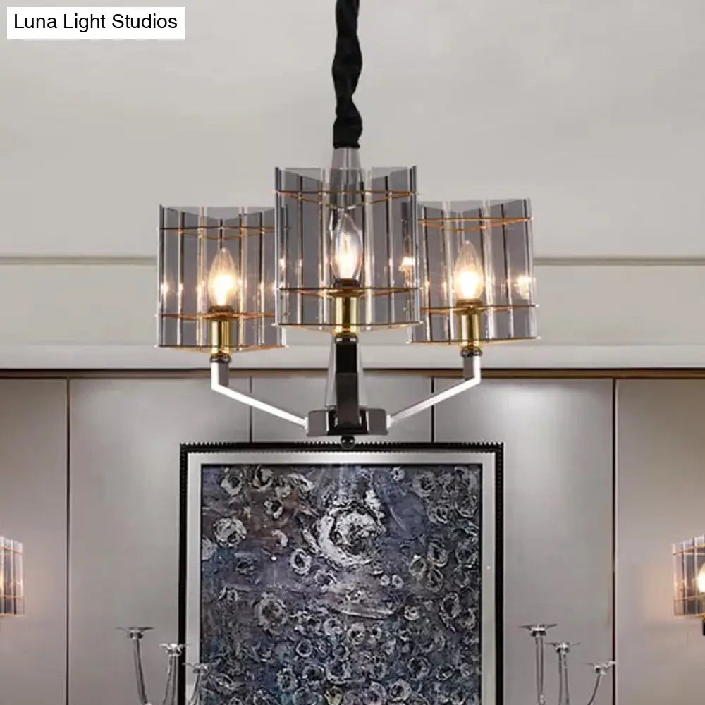 Postmodern Smoke Grey Glass Silver Chandelier With Triangle Prism Design - 3/6/8 Heads Hanging Light