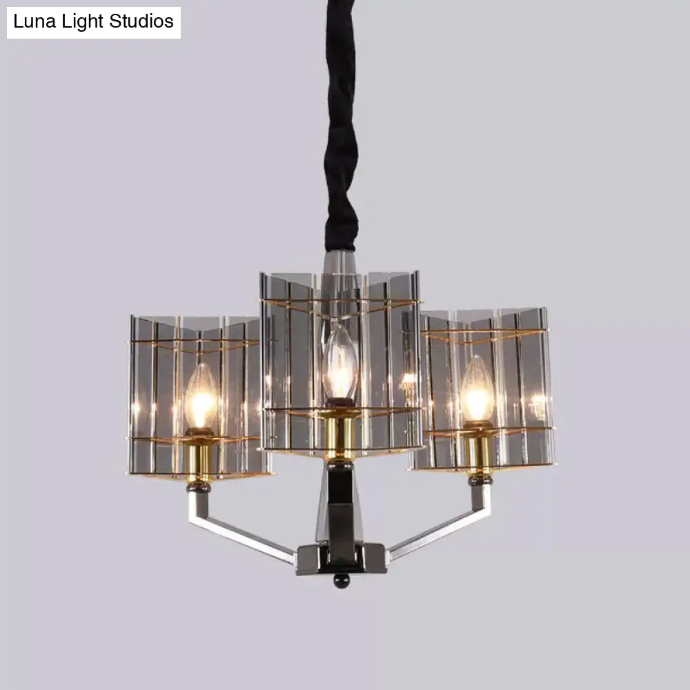 Postmodern Smoke Grey Glass Silver Chandelier With Triangle Prism Design - 3/6/8 Heads Hanging Light