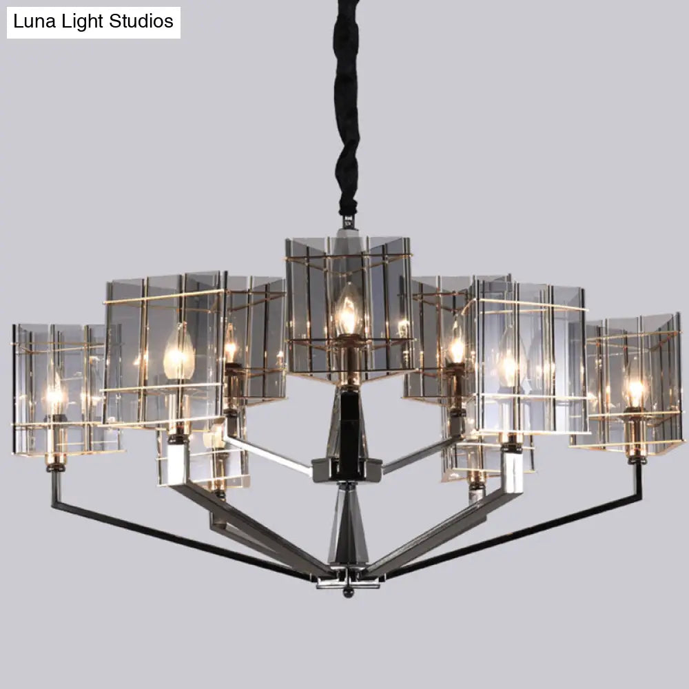 Postmodern Smoke Grey Glass Silver Chandelier With Triangle Prism Design - 3/6/8 Heads Hanging Light