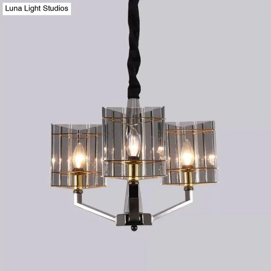 Postmodern Smoke Grey Glass Silver Chandelier - Elegant Hanging Light Fixture With Triangle Prism