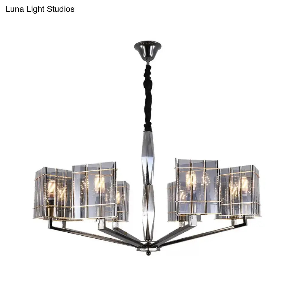 Postmodern Smoke Grey Glass Silver Chandelier - Elegant Hanging Light Fixture With Triangle Prism