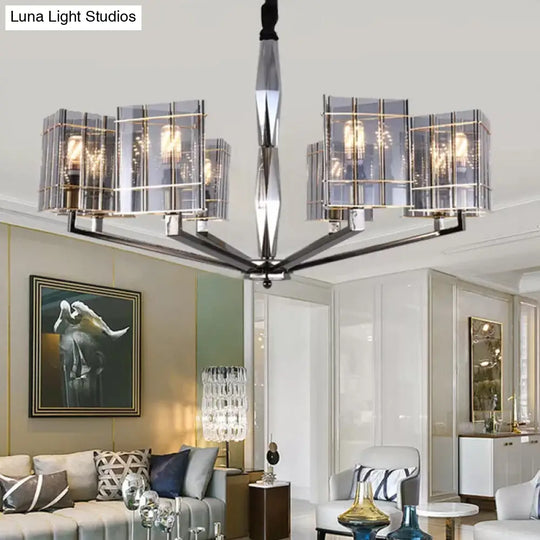 Postmodern Smoke Grey Glass Silver Chandelier With Triangle Prism Design - 3/6/8 Heads Hanging Light