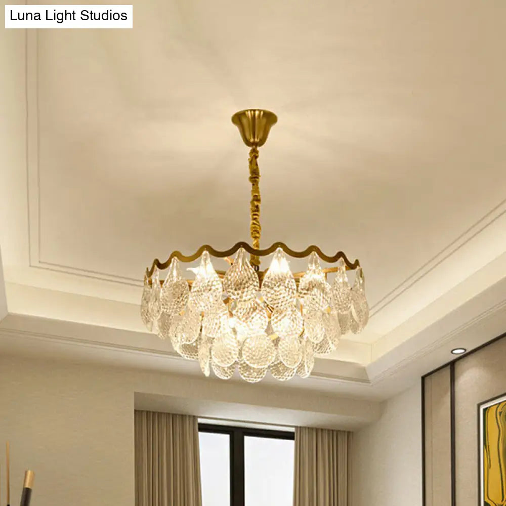 Postmodern Tiered Crystal Chandelier With 8 Bulbs - Clear K9 Brass Suspension Light For The Bedroom