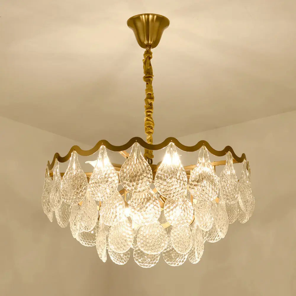 Postmodern Tiered Crystal Chandelier With 8 Bulbs - Clear K9 Brass Suspension Light For The Bedroom