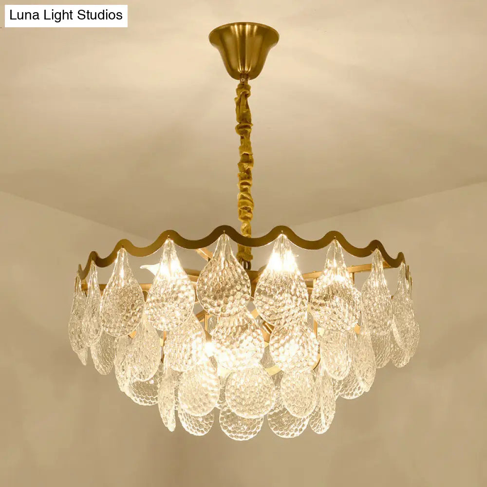 Modern Bedroom Chandelier: Tiered Design With Clear K9 Crystal 8 Bulbs Brass Suspension Light