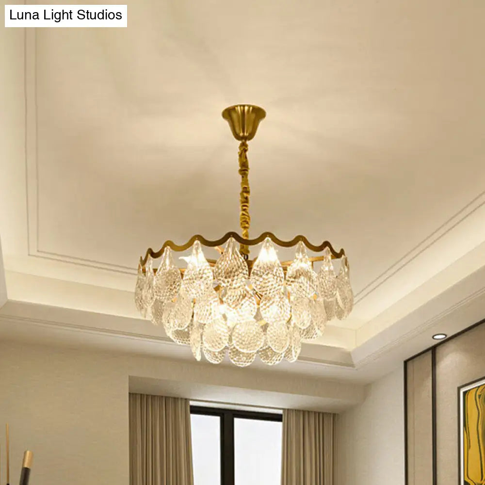 Modern Bedroom Chandelier: Tiered Design With Clear K9 Crystal 8 Bulbs Brass Suspension Light