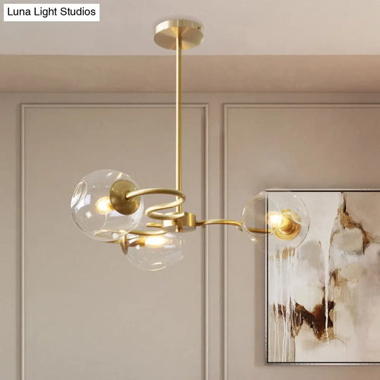 Postmodern Transparent Glass 3 - Light Flush Mount Chandelier For Bedroom In Brass