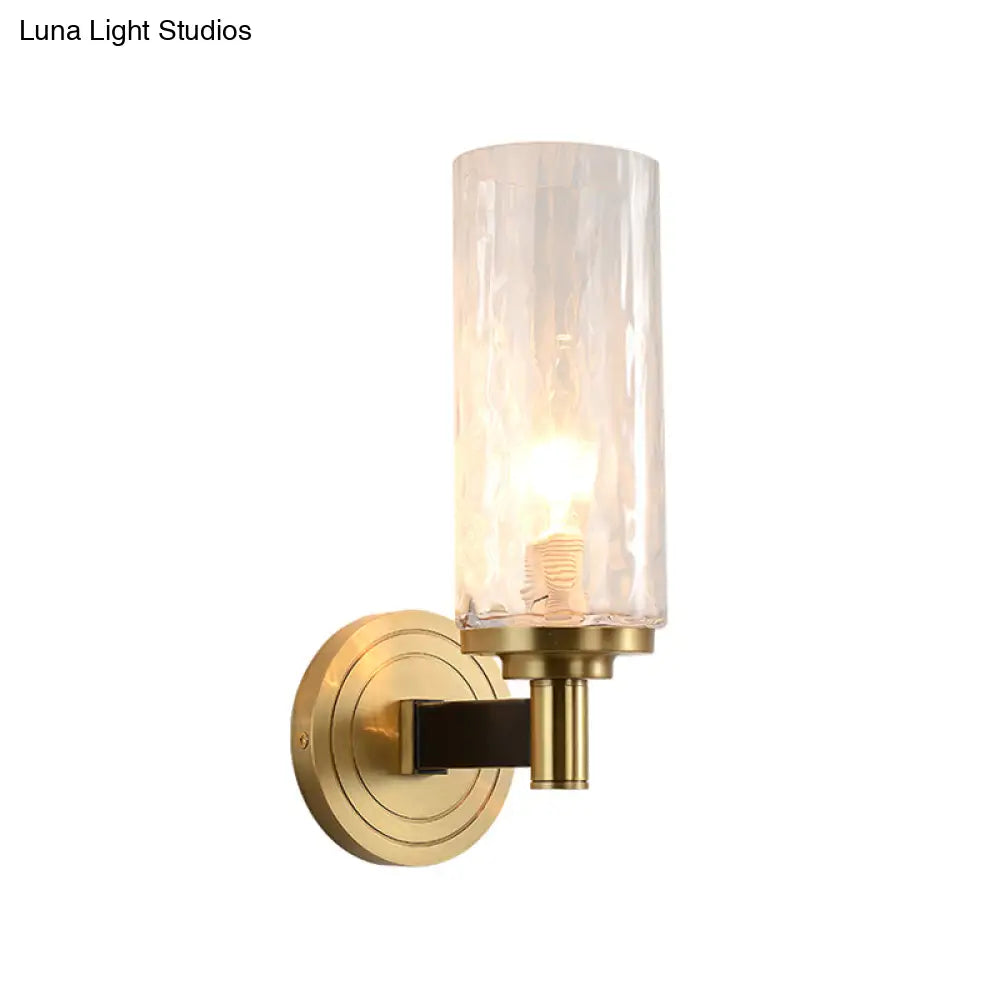 Postmodern Water Glass/Cut Crystal 1-Bulb Gold Wall Sconce Lamp - Cylinder/Ball Shape For Living