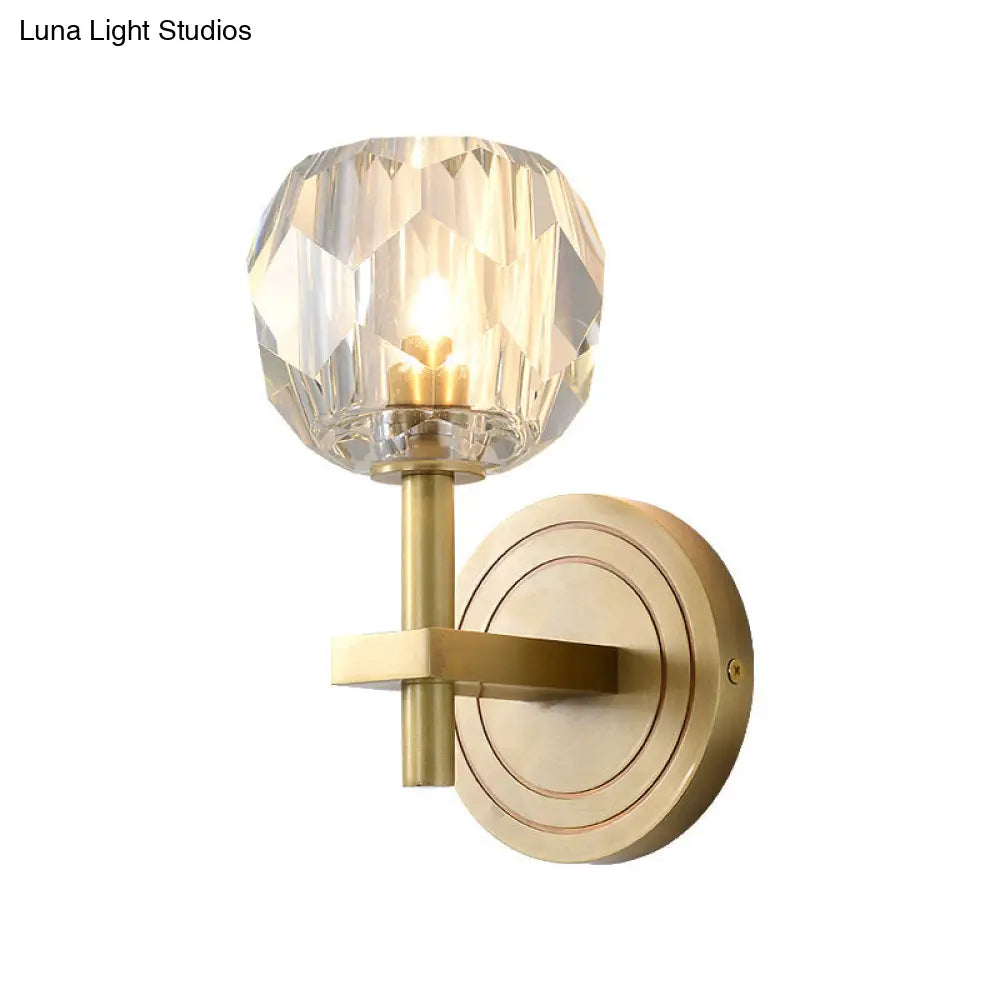 Postmodern Water Glass/Cut Crystal 1-Bulb Gold Wall Sconce Lamp - Cylinder/Ball Shape For Living