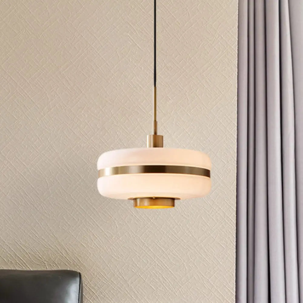 Postmodern White Glass Drum Pendant Light Fixture - 1 Bedroom Ceiling Hanging