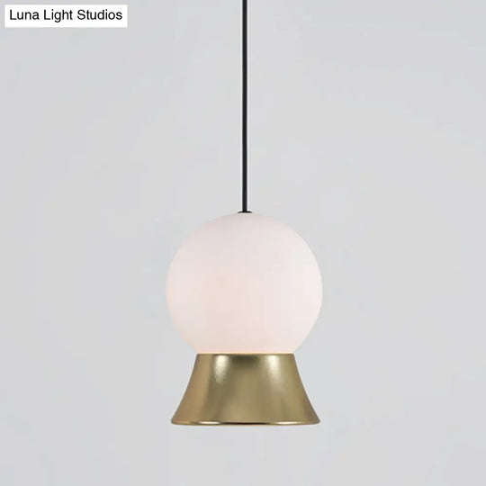 Postmodern White Glass Globe Pendant Light With Gold/Black Metal Shade