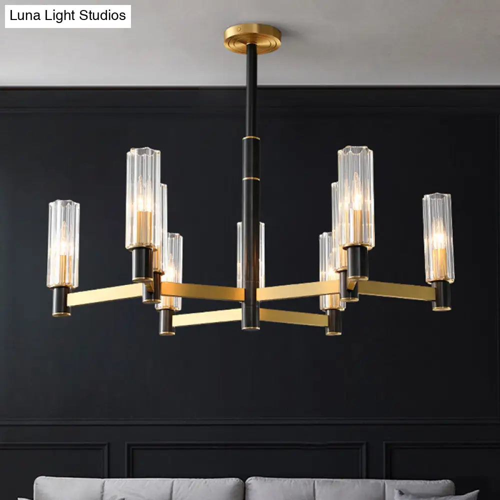 Postmodern Yellow-Black Chandelier Light With Prismatic Glass Tubular Design - 6/8/9 Bulbs Hanging