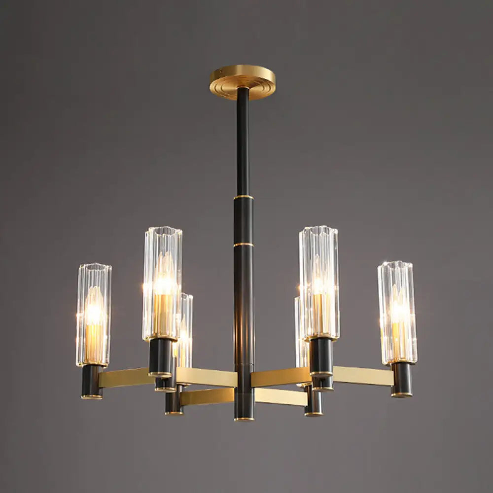 Postmodern Yellow-Black Chandelier Light With Prismatic Glass Tubular Design - 6/8/9 Bulbs Hanging