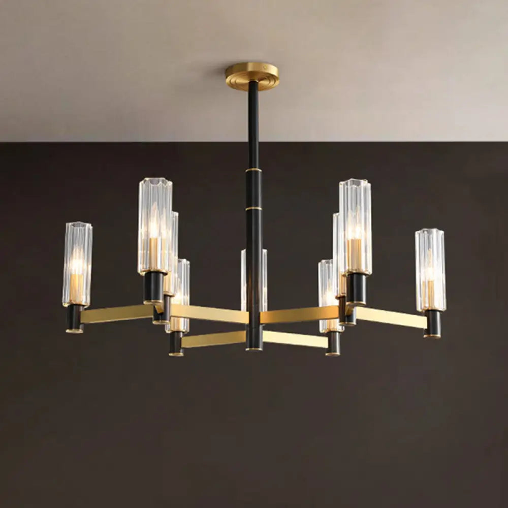 Postmodern Yellow-Black Chandelier Light With Prismatic Glass Tubular Design - 6/8/9 Bulbs Hanging