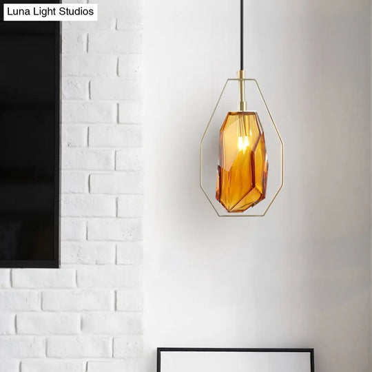 Modernist Glass Pendant Lamp With Brass Heptagon Frame - Gem Amber/Smoke Grey 1 Light