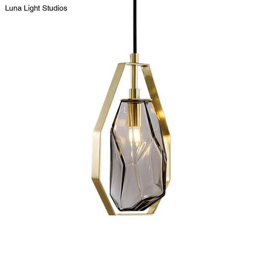 Postmodernist 1-Light Brass Pendant Lamp With Amber/Smoke Grey Glass And Heptagon Frame