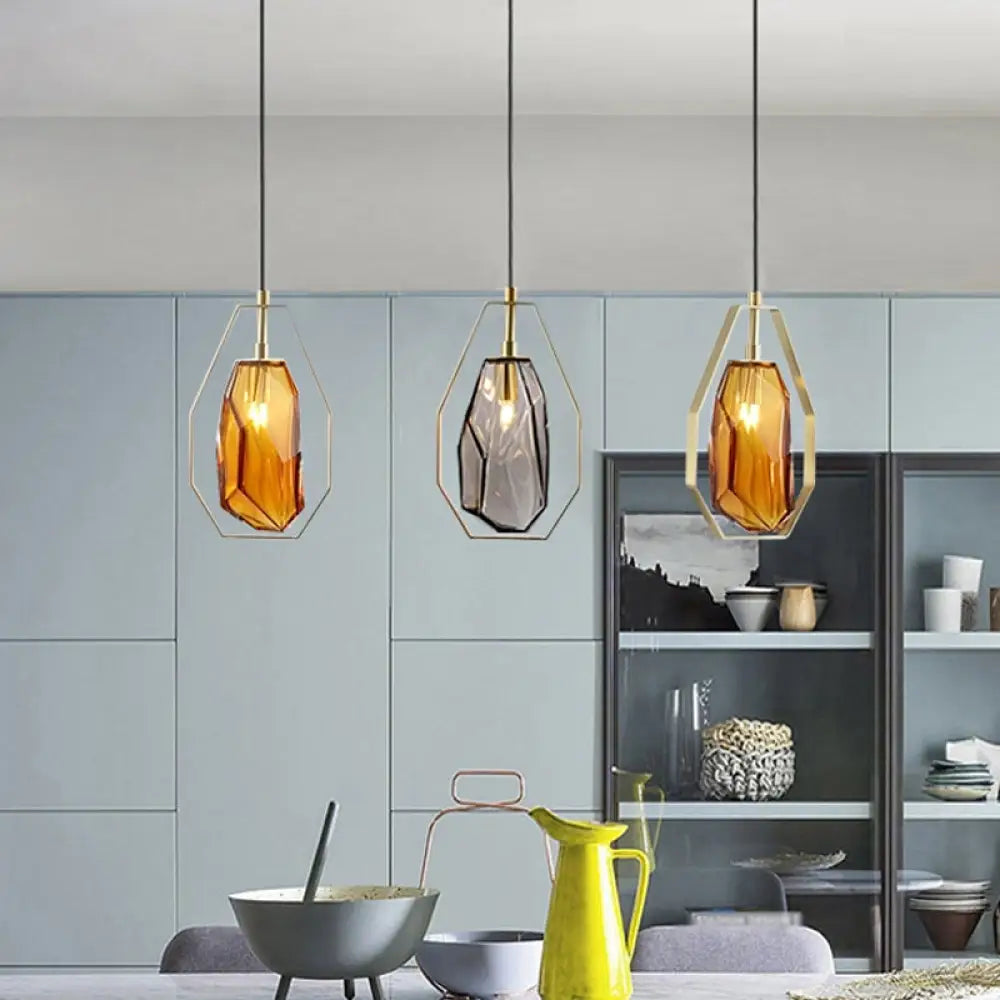 Postmodernist 1-Light Brass Pendant Lamp With Amber/Smoke Grey Glass And Heptagon Frame Amber