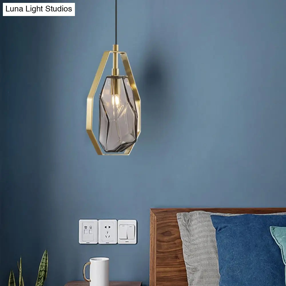 Postmodernist 1-Light Brass Pendant Lamp With Amber/Smoke Grey Glass And Heptagon Frame