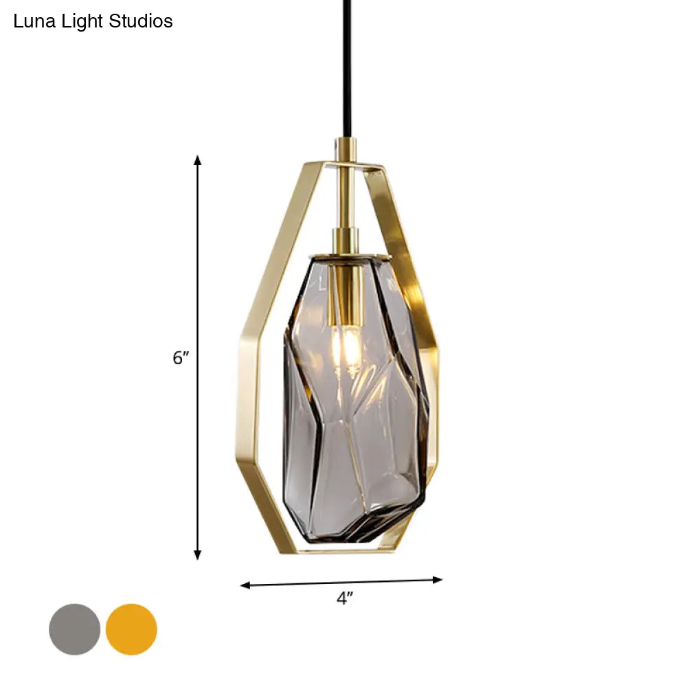 Postmodernist 1-Light Brass Pendant Lamp With Amber/Smoke Grey Glass And Heptagon Frame