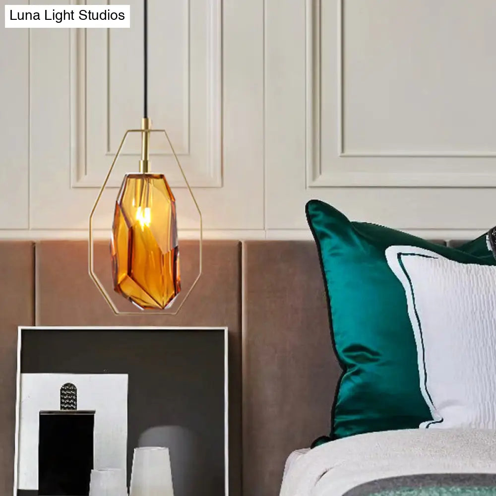 Postmodernist 1-Light Brass Pendant Lamp With Amber/Smoke Grey Glass And Heptagon Frame