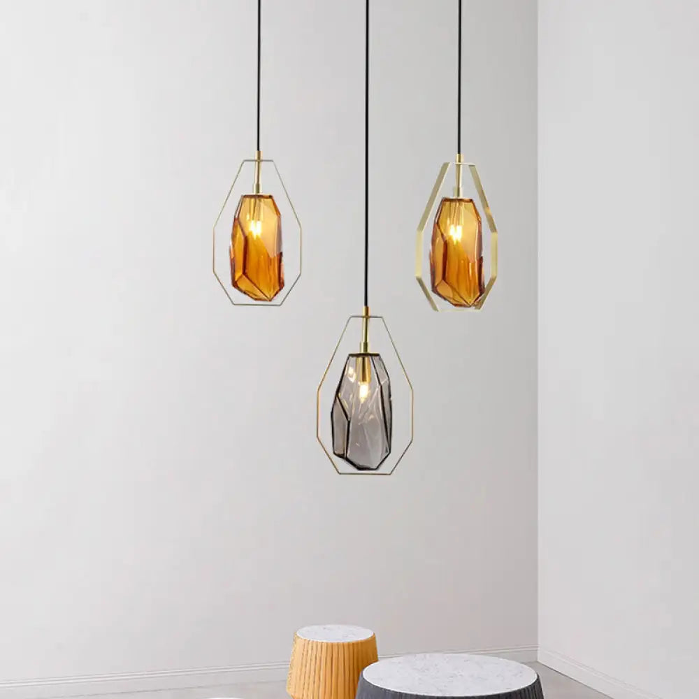 Postmodernist 1-Light Brass Pendant Lamp With Amber/Smoke Grey Glass And Heptagon Frame Smoke Gray