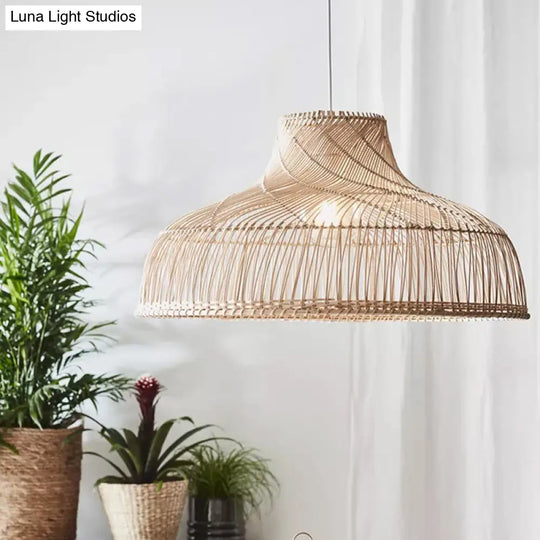 Pot Lid Rattan Suspension Light Simplicity 1-Light Wood Pendant For Tea Room