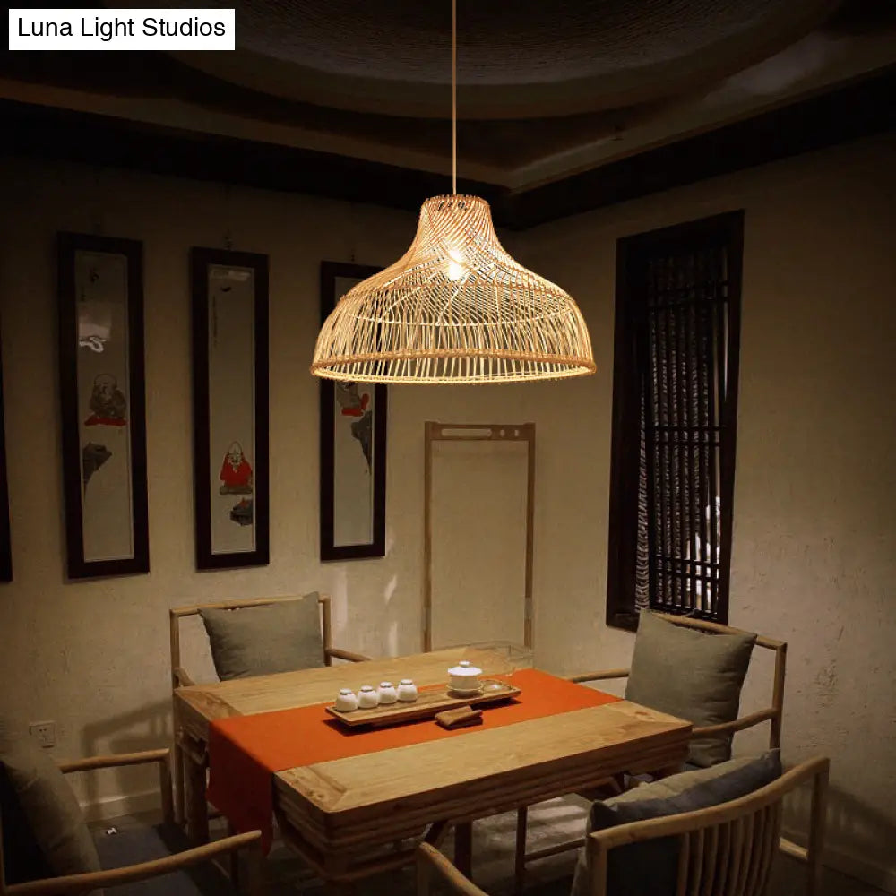 Pot Lid Rattan Suspension Light Simplicity 1-Light Wood Pendant For Tea Room