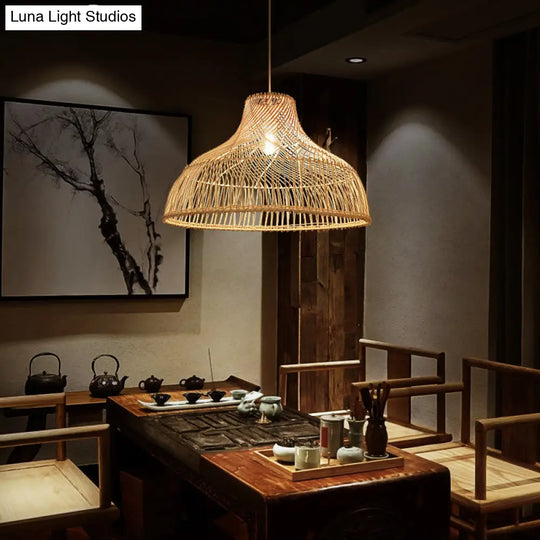 Pot Lid Rattan Suspension Light Simplicity 1-Light Wood Pendant For Tea Room