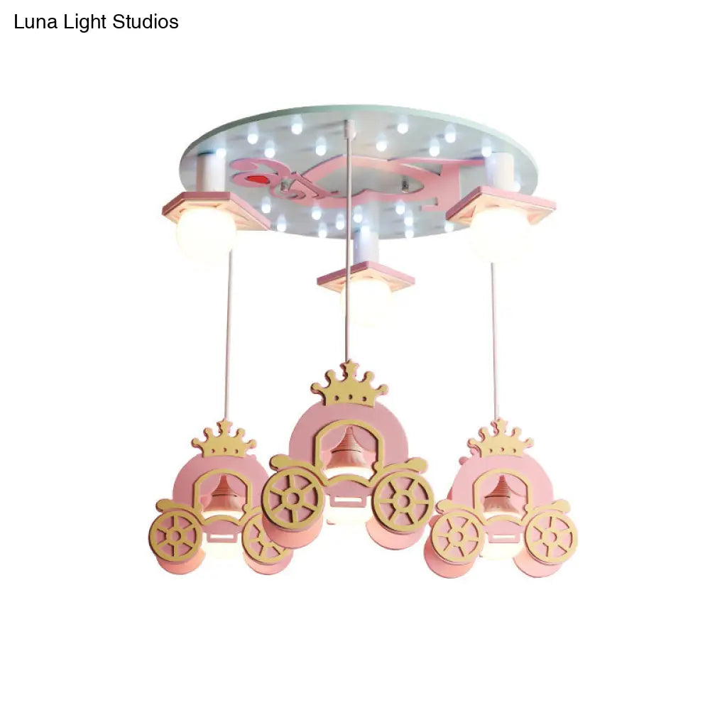 Princess Carriage Wooden Kids Ceiling Light - 6 Head Pink Lamp Pendant For Bedroom