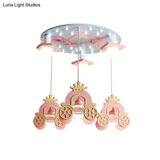 Princess Carriage Wooden Kids Ceiling Light - 6 Head Pink Lamp Pendant For Bedroom