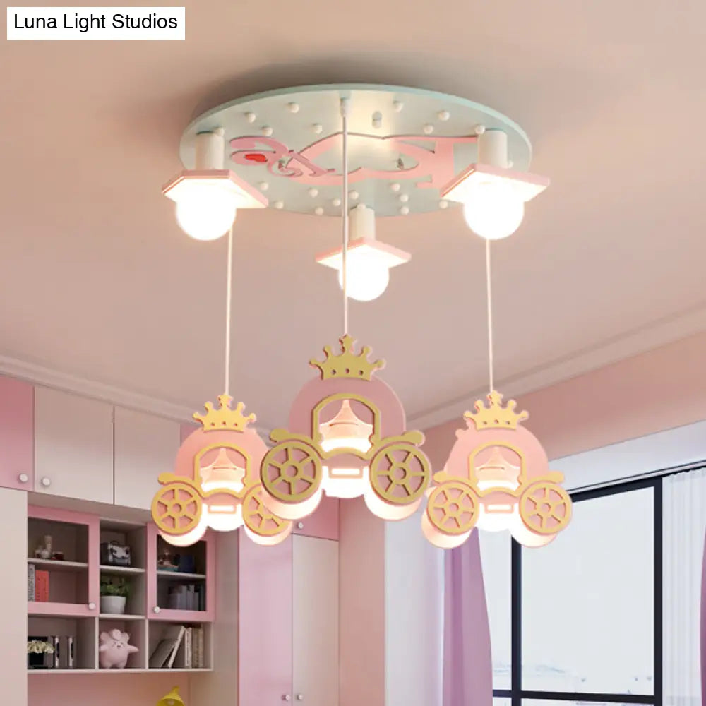 Princess Carriage Wooden Kids Ceiling Light - 6 Head Pink Lamp Pendant For Bedroom