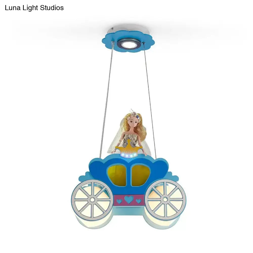 Princess Girls Bedroom Wood Car Pendant Light - Blue Cartoon Chandelier With Two Lights