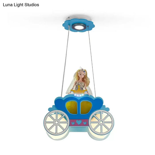 Princess Girls Bedroom Wood Car Pendant Light - Blue Cartoon Chandelier With Two Lights