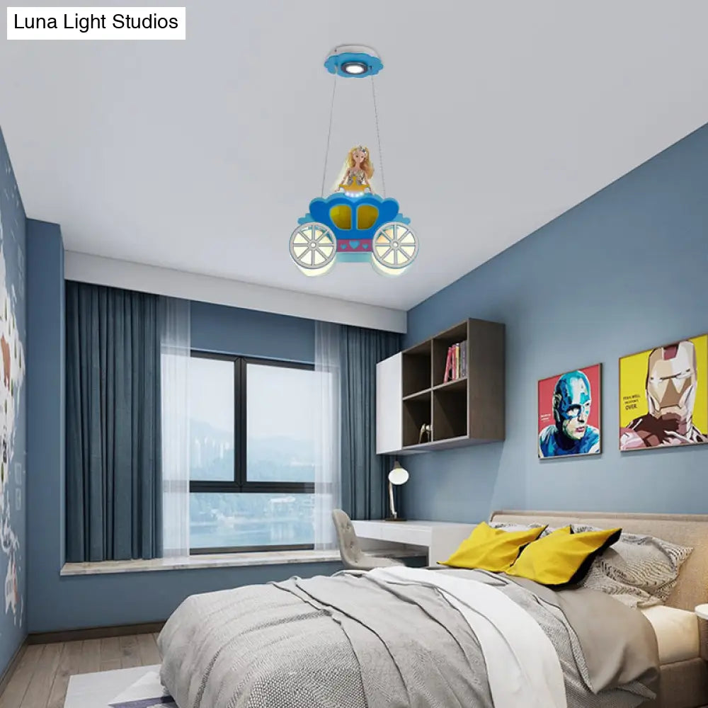 Princess Girls Bedroom Wood Car Pendant Light - Blue Cartoon Chandelier With Two Lights