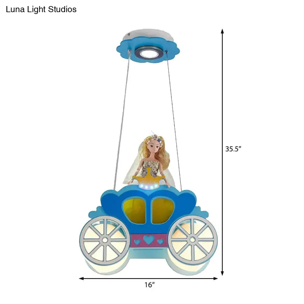 Princess Girls Bedroom Wood Car Pendant Light - Blue Cartoon Chandelier With Two Lights