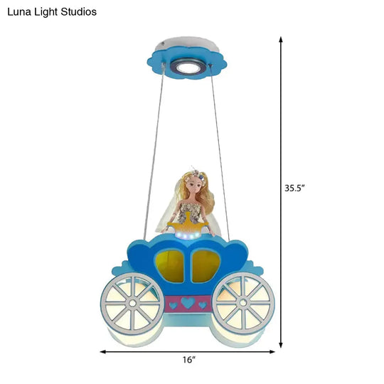 Princess Girls Bedroom Wood Car Pendant Light - Blue Cartoon Chandelier With Two Lights