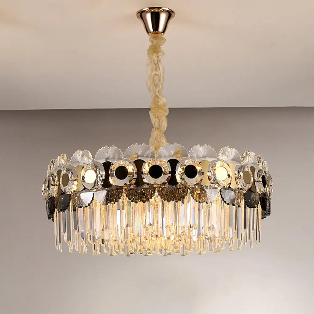 Prismatic Crystal Chandelier - 12 Bulbs Contemporary Gold Round Living Room Hanging Light Clear