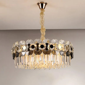 Prismatic Crystal Chandelier - 12 Bulbs Contemporary Gold Round Living Room Hanging Light Clear
