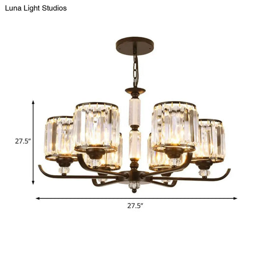 Prismatic Crystal Chandelier Light: Black Cylinder Ceiling Antique Style (3/6/8-Light)