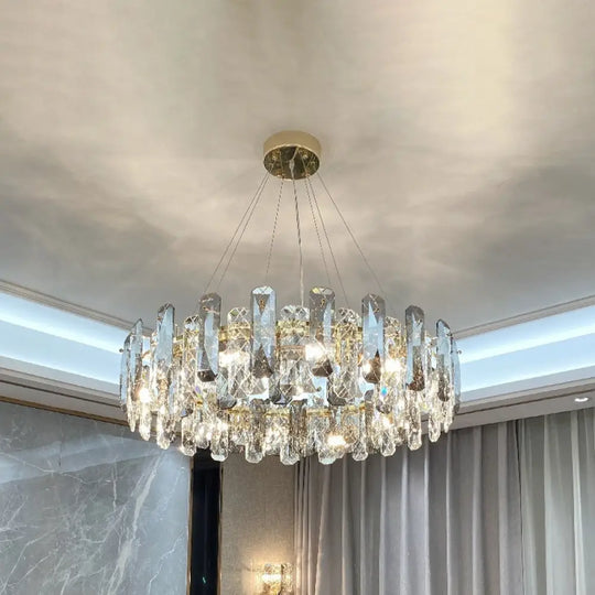 Prismatic Crystal Chandelier Pendant: Minimalist Round Brass Finish Hanging Light / 19.5