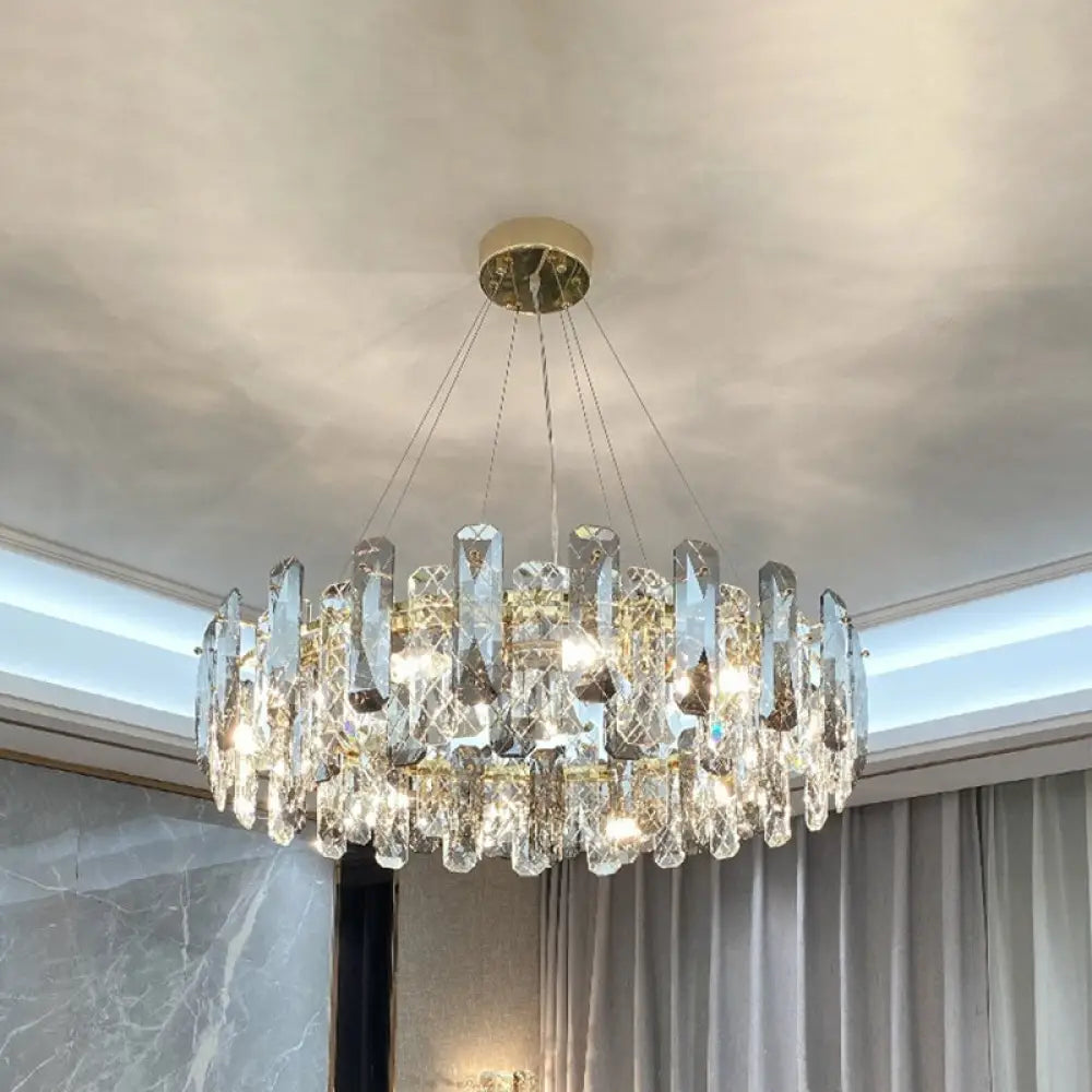 Prismatic Crystal Chandelier Pendant: Minimalist Round Brass Finish Hanging Light / 23.5