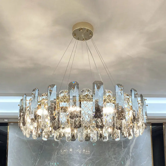 Prismatic Crystal Chandelier Pendant: Minimalist Round Brass Finish Hanging Light / 31.5