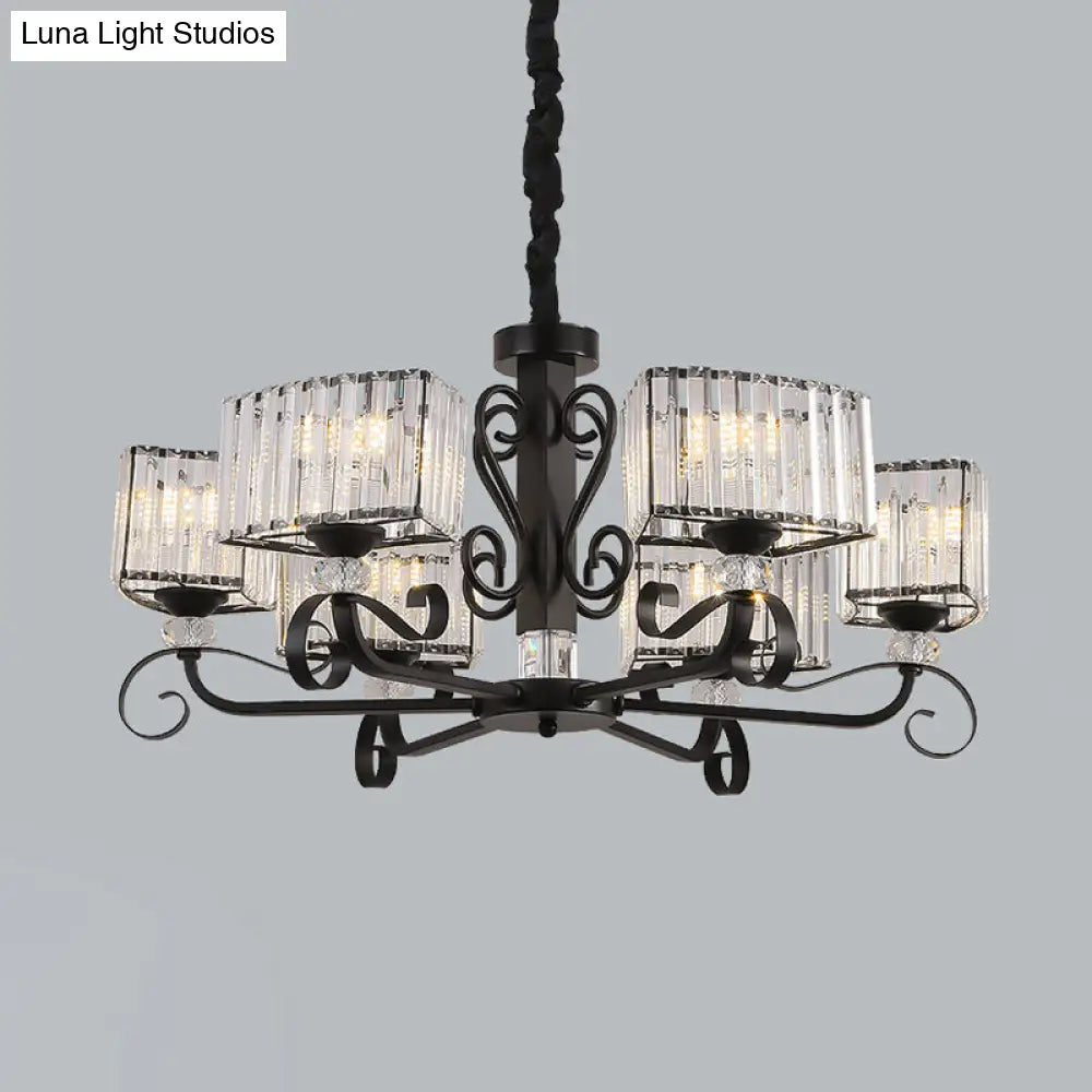 Nordic Trapezoid Chandelier - Prismatic Optical Crystal 3/6-Head Suspension Lamp In Black