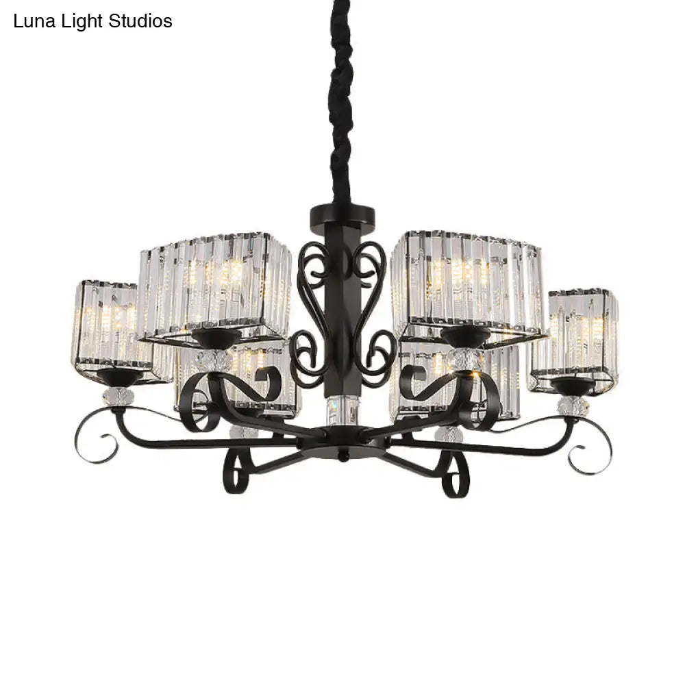 Nordic Trapezoid Chandelier - Prismatic Optical Crystal 3/6-Head Suspension Lamp In Black