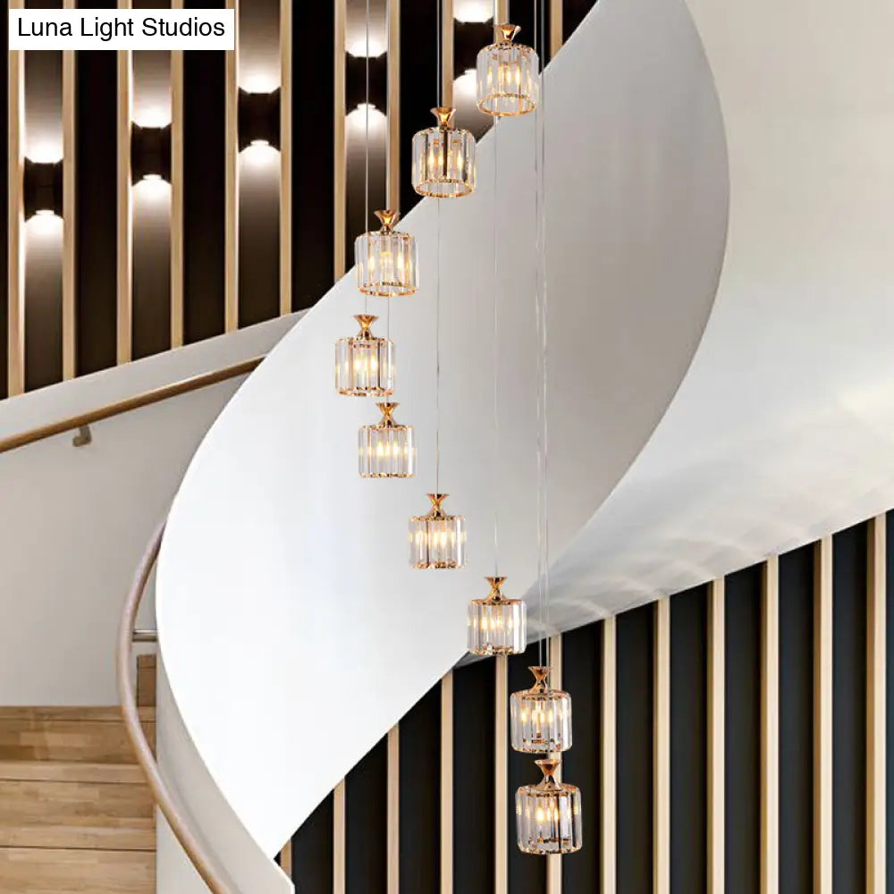 Minimalist Crystal Cylinder Pendant Light With 9 Bulbs For Staircase Gold