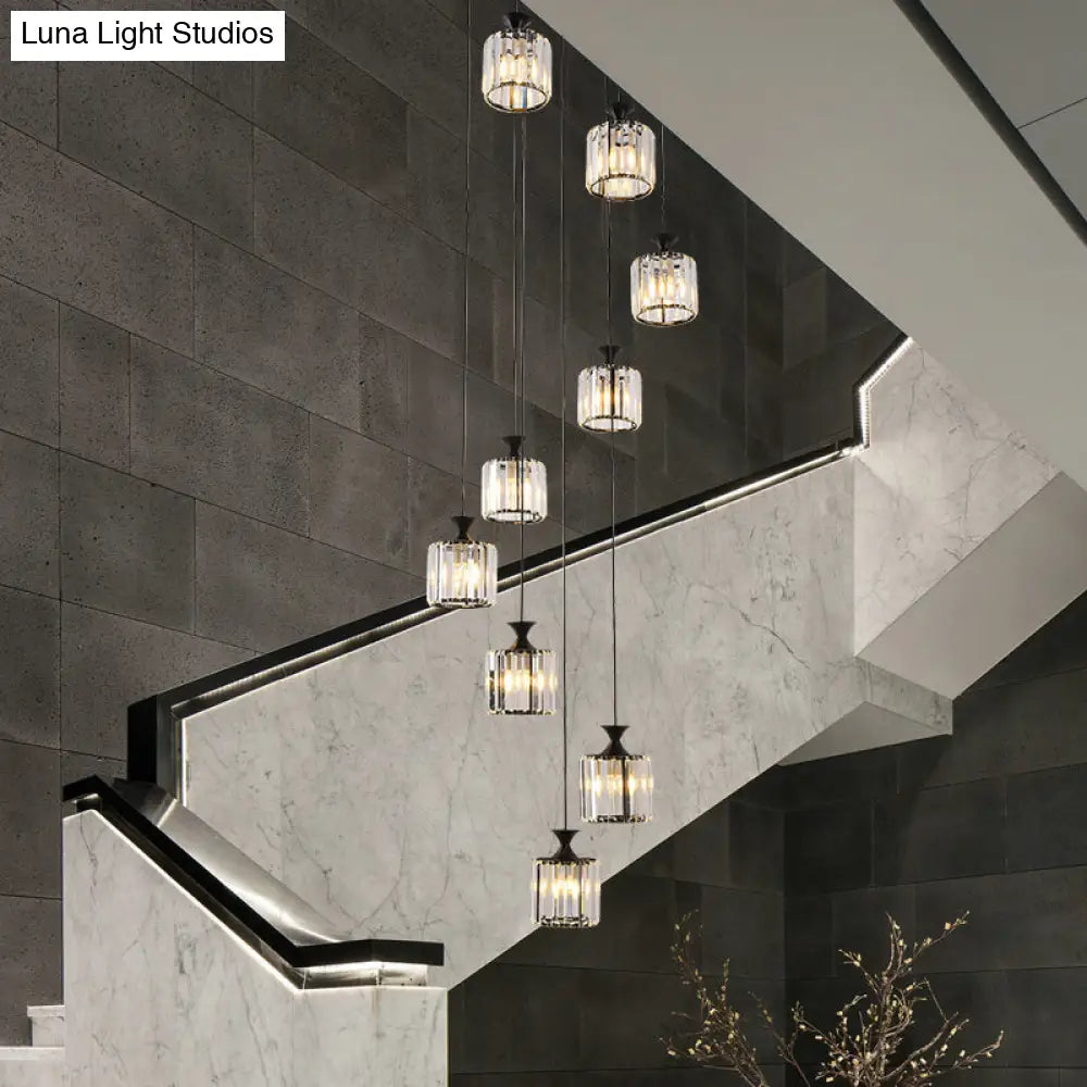 Minimalist Crystal Cylinder Pendant Light With 9 Bulbs For Staircase Black