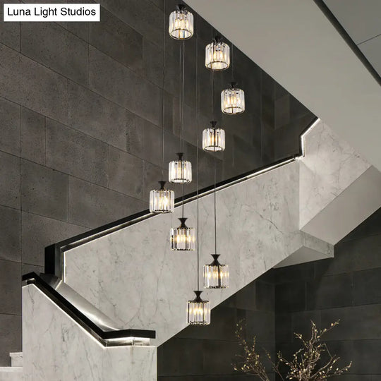 Minimalist Crystal Cylinder Pendant Light With 9 Bulbs For Staircase Black