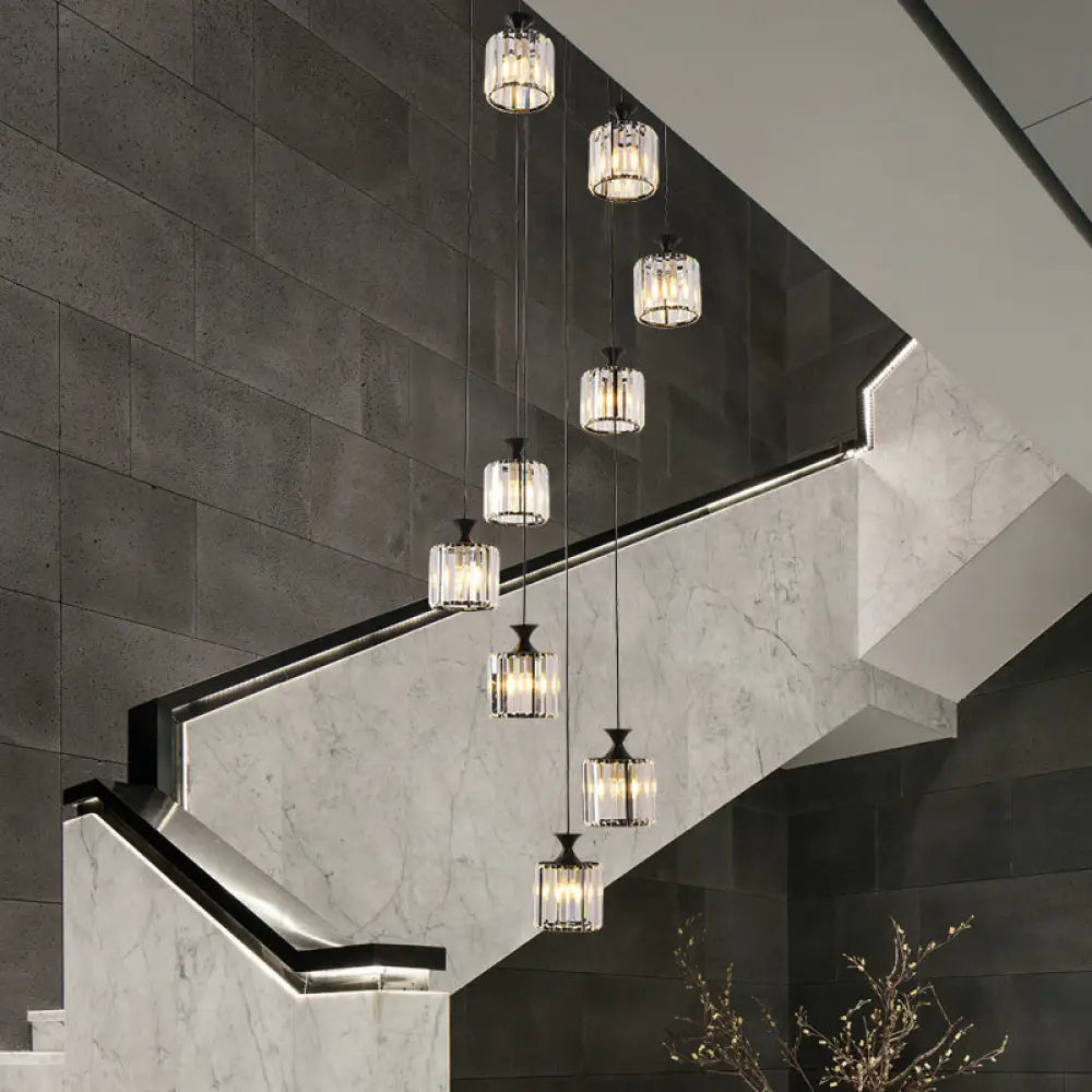 Prismatic Crystal Cylinder Pendant Light With 9 Bulbs For Staircase - Minimalistic And Elegant Black