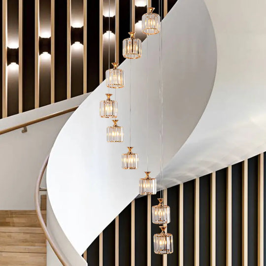 Prismatic Crystal Cylinder Pendant Light With 9 Bulbs For Staircase - Minimalistic And Elegant Gold